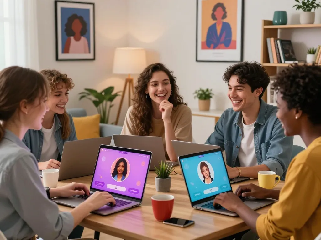 Users enjoying intimate conversations with sex chat AI applications in a cozy home setting.