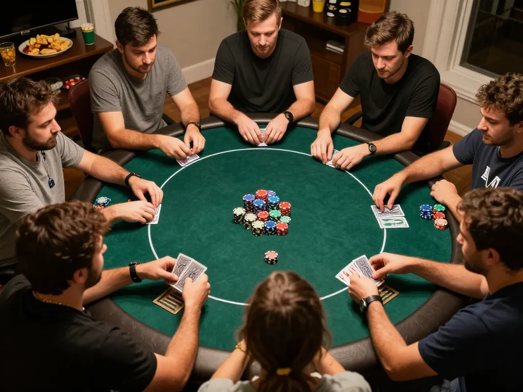 Engaging home poker game scene featuring intense players enjoying nk88 gameplay and strategy.