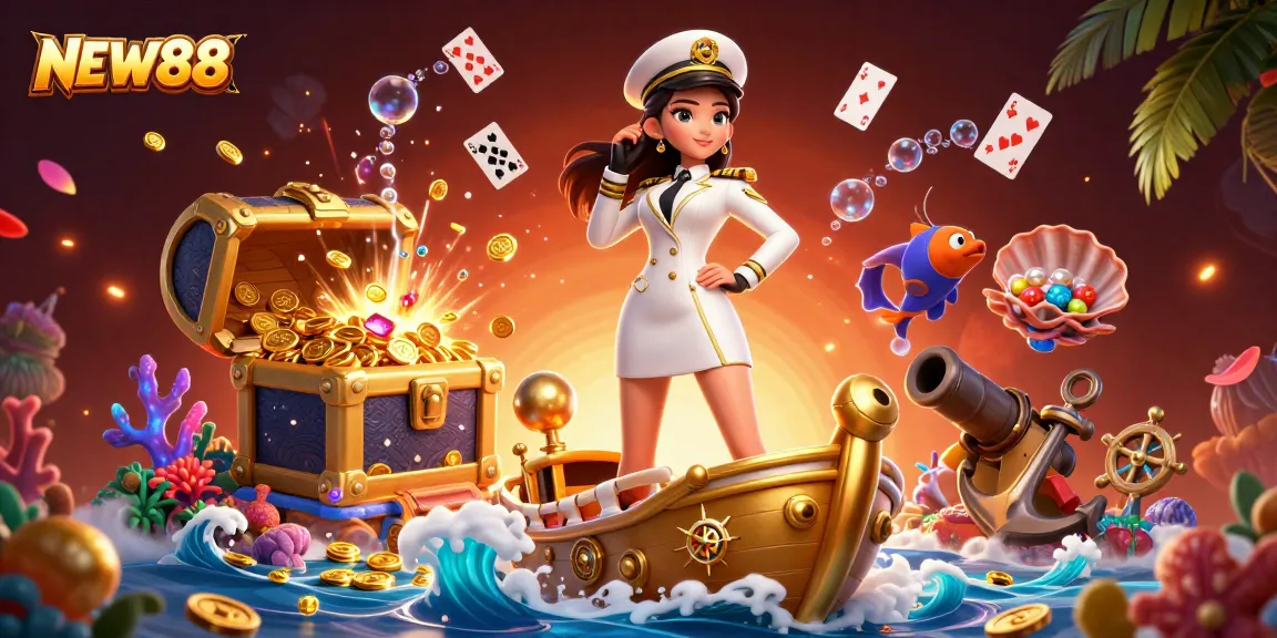 Discover exciting wins at NEW88 with an elegant 3D Asian woman amidst casino treasures and dynamic game elements.