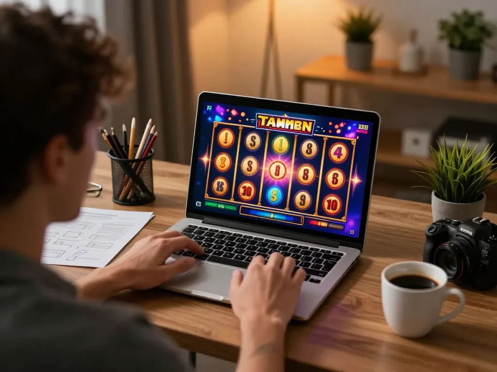 Engaging with IDCASH88 online slots during a tournament at home with strategy notes visible.