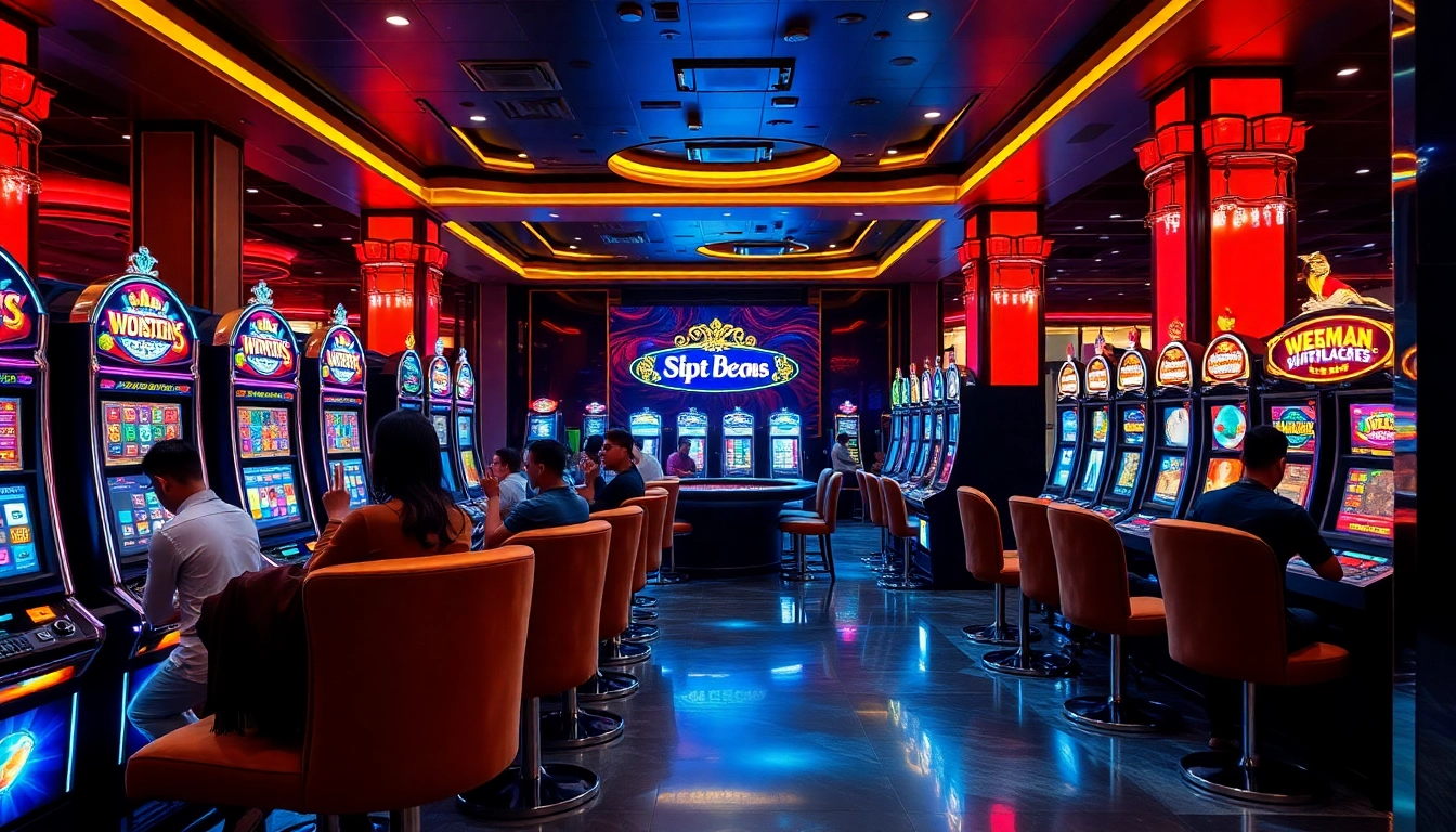 Players enjoying a thrilling moment at slot apiraja88 machines in a luxurious casino.