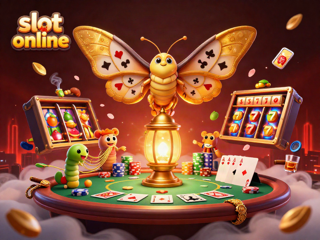 Experience slot online excitement with a 3D illustration of winning slot reels, vibrant symbols, and lively casino elements.
