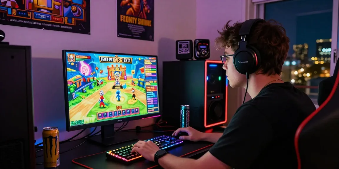 Intense player engaged in buy feature slots at a glowing gaming setup with vibrant graphics.