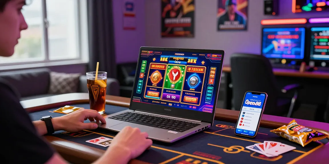 Player enjoying OPEN 88 online gaming on a laptop with vibrant graphics, smartphone showing app, modern gaming room atmosphere.