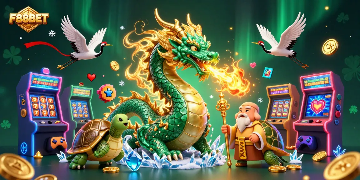 Experience the vibrant F88BET casino with a dynamic dragon, turtle, and lucky cranes.