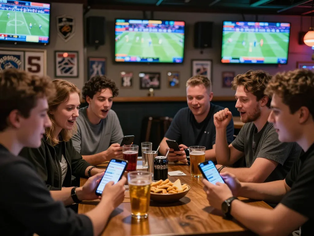 Engaged players using gg88 platform for live sports betting excitement in a lively sports bar