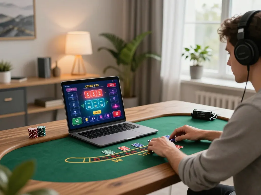 Người chơi tham gia vào trò blackjack với người chia bài trực tiếp trên lucks8 từ một văn phòng tại nhà phong cách, trình diễn lối chơi chiến lược.