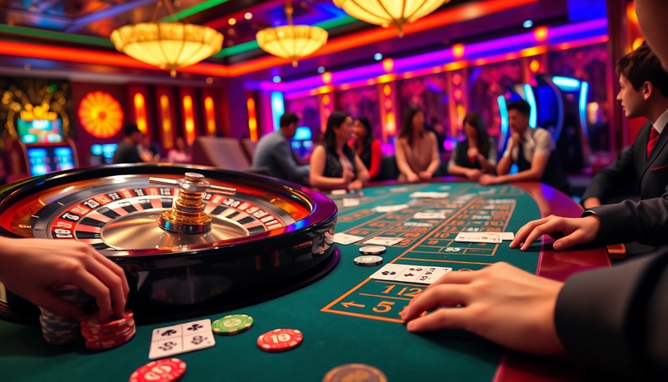 Exciting gambling scene at nhà cái m88 with vibrant casino elements and players engaged in betting.