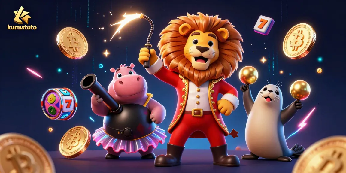 Kumontoto offers exhilarating gameplay with a 3D illustration featuring fun casino elements and characters enjoying the slots