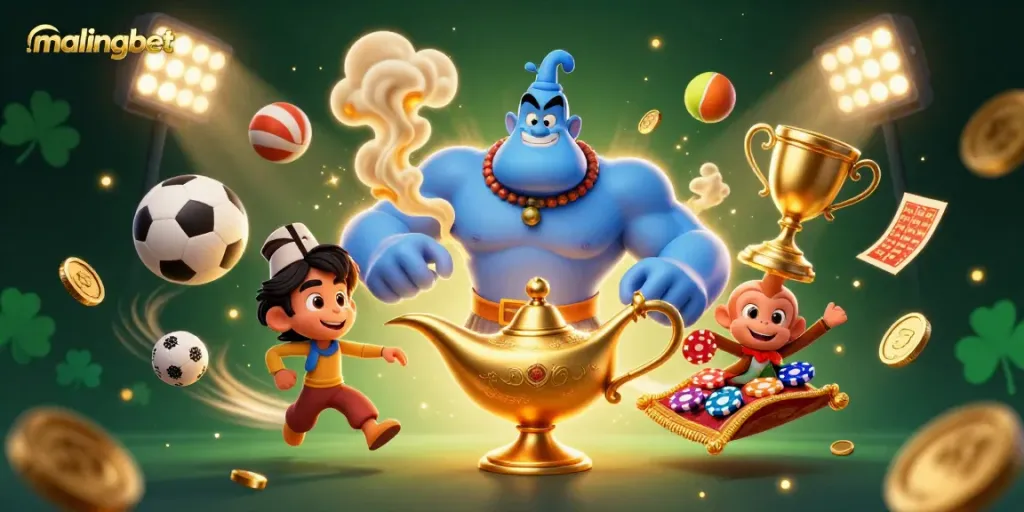 Malingbet hadir dengan gambar lucu, menampilkan genie biru berotot yang keluar dari lampu, dikelilingi bola olahraga dan simbol keberuntungan.