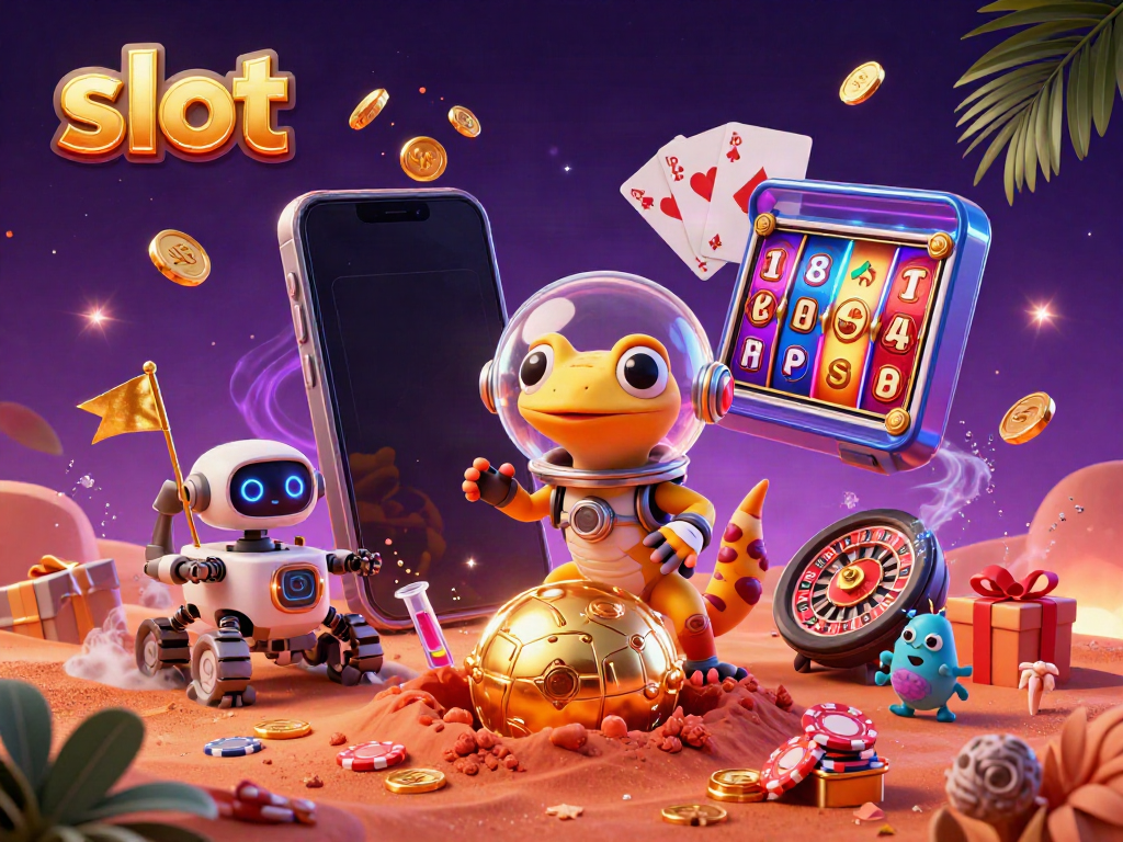 Mesin slot mengeluarkan koin emas saat alien merayakan jackpot di kasino Mars.