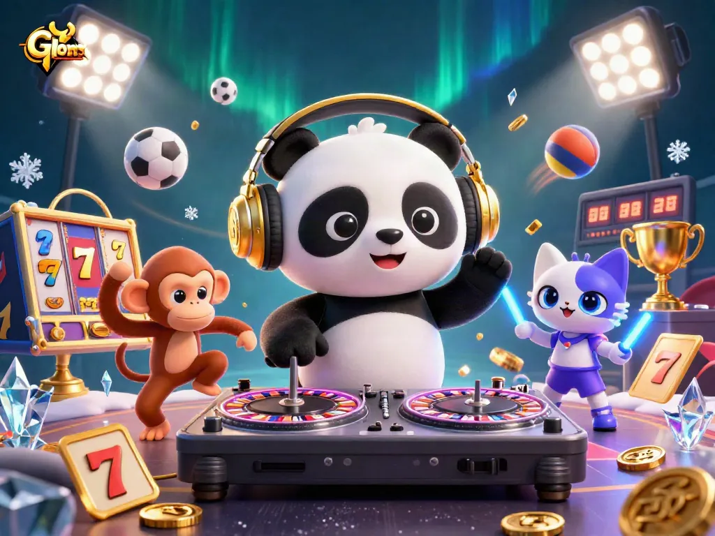 Engage with Glomex's vibrant casino scene showcasing a DJ panda, breakdancing monkey, and playful kitten.