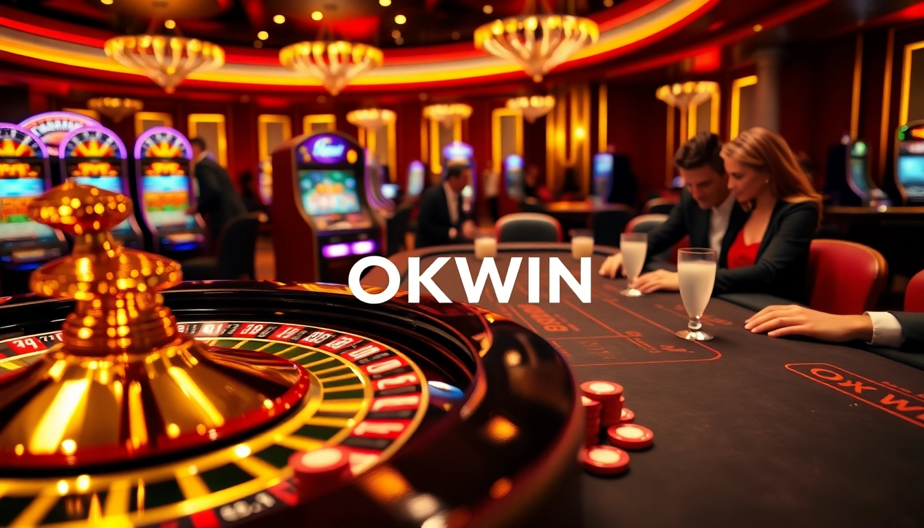 Gamblers enjoying the vibrant atmosphere of OKWIN's luxurious casino experience with roulette and poker.