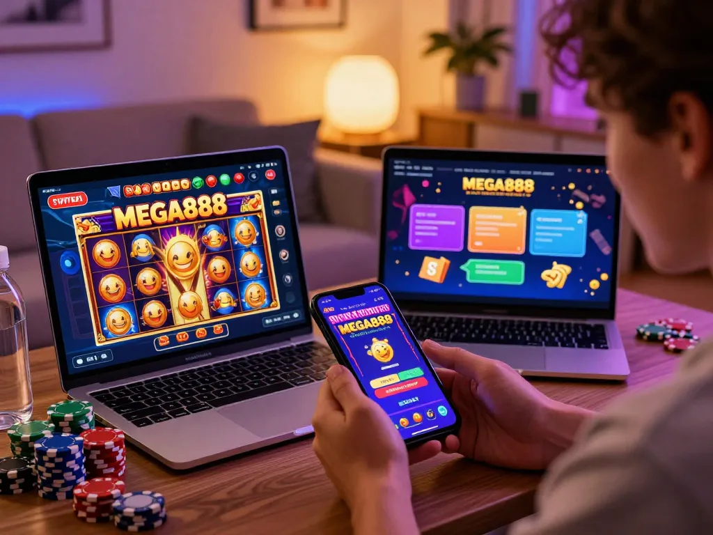 Engaged player exploring free credit Mega888 promotions on their smartphone in a cozy casino-like setting.