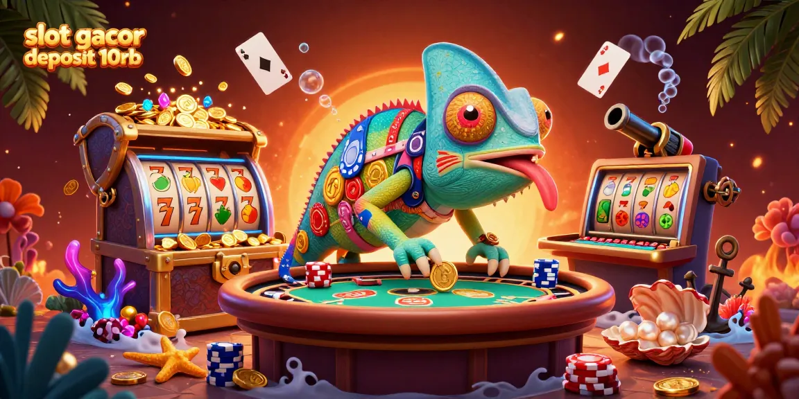 Experience thrilling gameplay with slot gacor deposit 10rb in this vibrant casino-themed digital artwork featuring a chameleon owner.