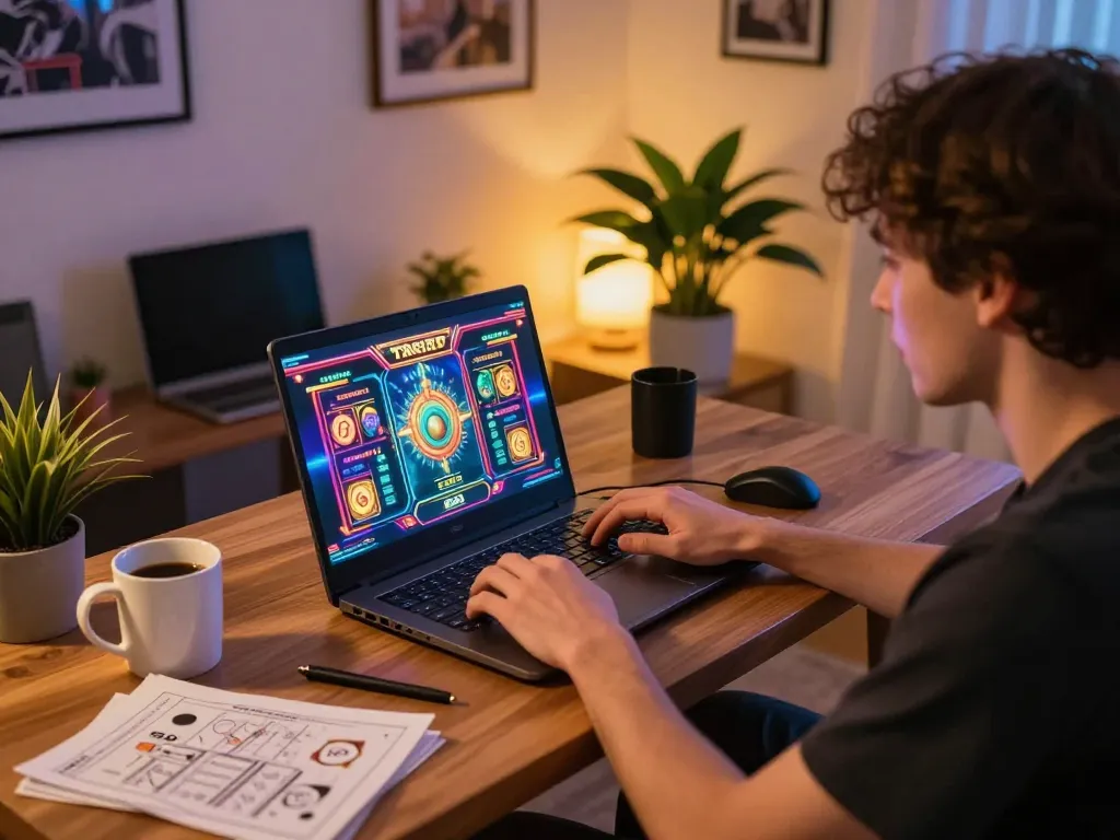 Enjoying immersive gameplay on tr88's online slots while sipping coffee in a cozy home setup.