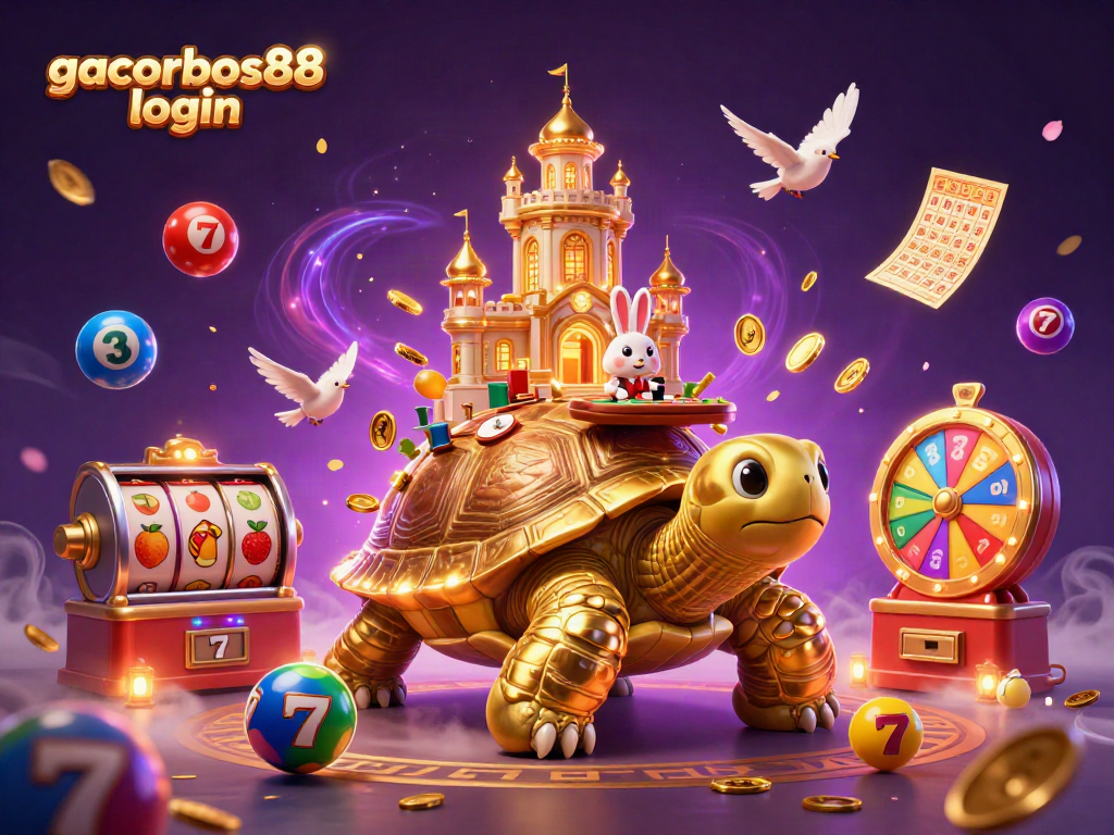 Engage with gacorbos88 login in this vibrant scene featuring a golden tortoise casino.