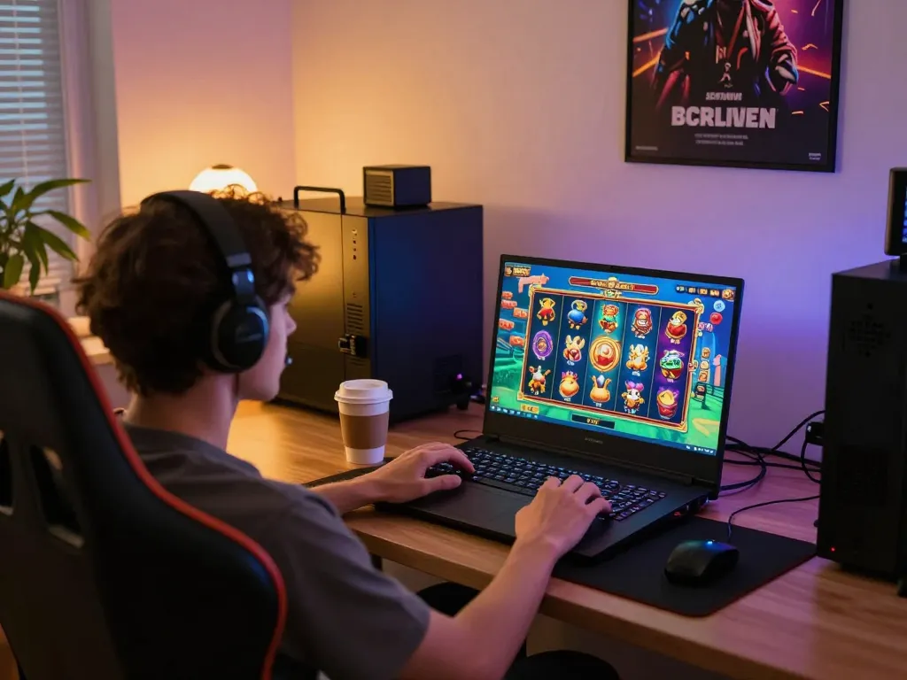 Player enjoying cm888 slot game on laptop in a stylish home gaming setup