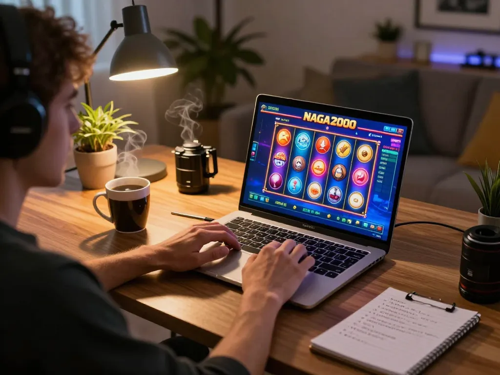 NAGA2000 player engaging with the online slot interface at home, showcasing a strategic gaming setup