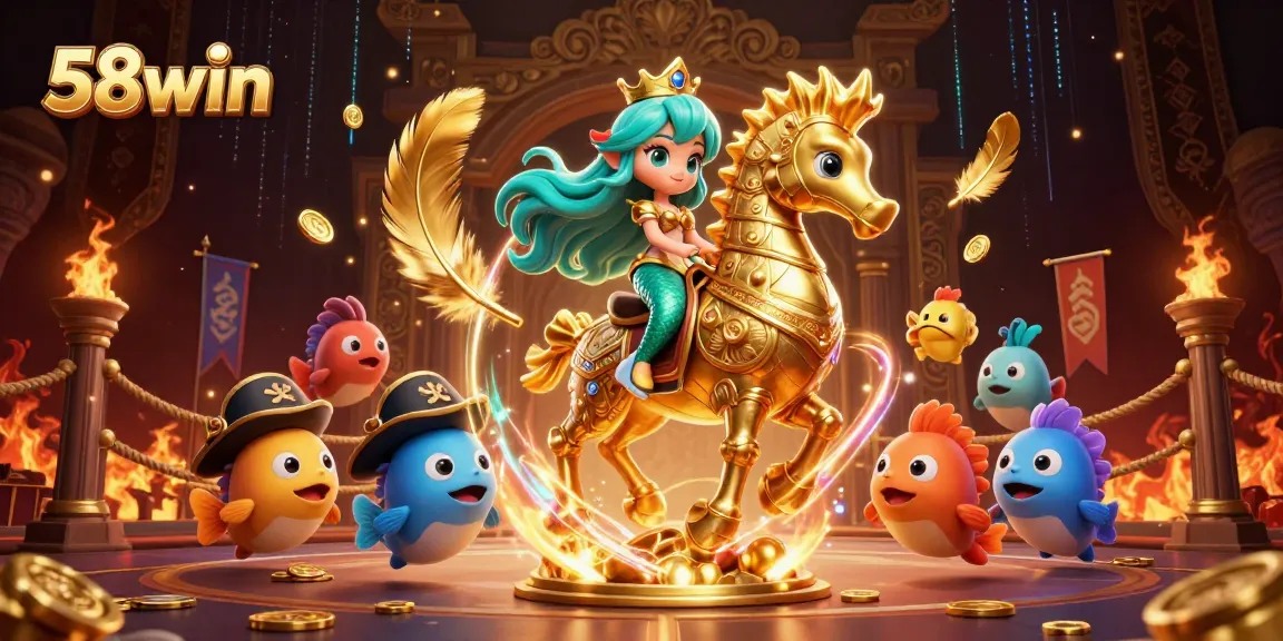 Bet on thrilling moments at 58win with an action-packed 3D illustration featuring a mermaid and seahorse.