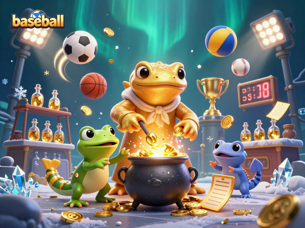 Experience the excitement of baseball betting with a dynamic scene filled with sports elements and gold coins.
