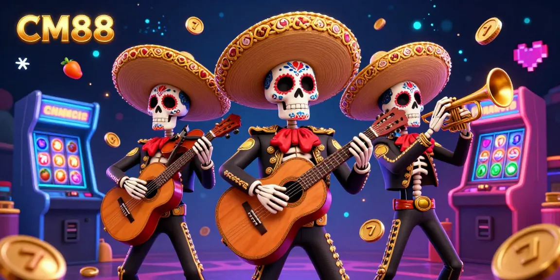 Engage in vibrant gaming at CM88 with a lively Día de los Muertos mariachi band amidst slot machines.