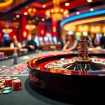 Casino players enthusiastically engage around a roulette table with vibrant chips and lights.