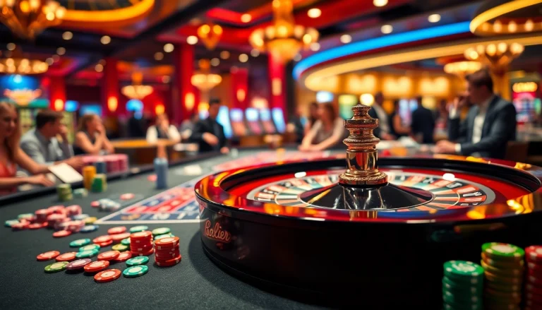 Casino players enthusiastically engage around a roulette table with vibrant chips and lights.
