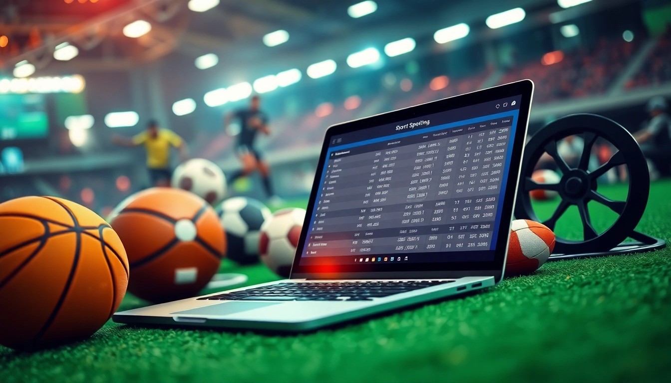 Engage with Sports Betting through a modern laptop surrounded by dynamic sports equipment.