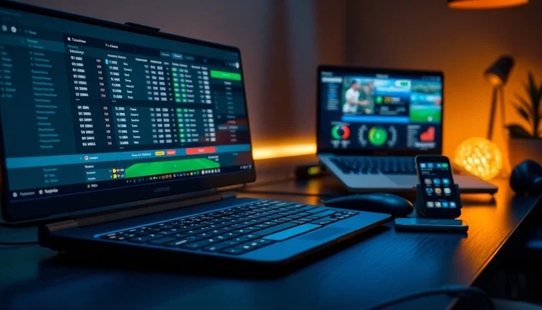 Engaging scene of online Betting setup with sleek devices and live game streams.