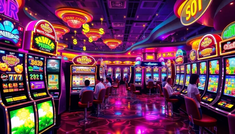 Slot Game yang menarik dengan mesin slot berwarna cerah dan pemain bersemangat.