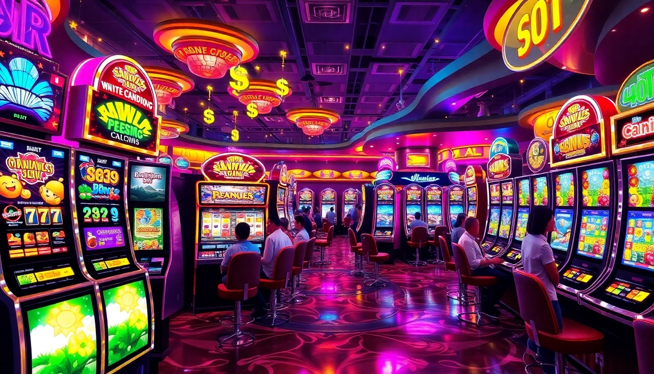 Slot Game yang menarik dengan mesin slot berwarna cerah dan pemain bersemangat.