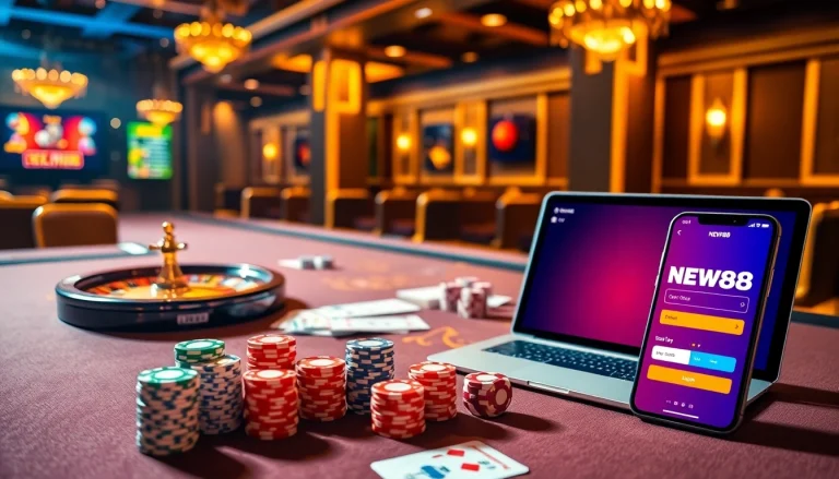 Exciting casino scene showcasing new88 đăng nhập with vibrant lights and gaming elements.