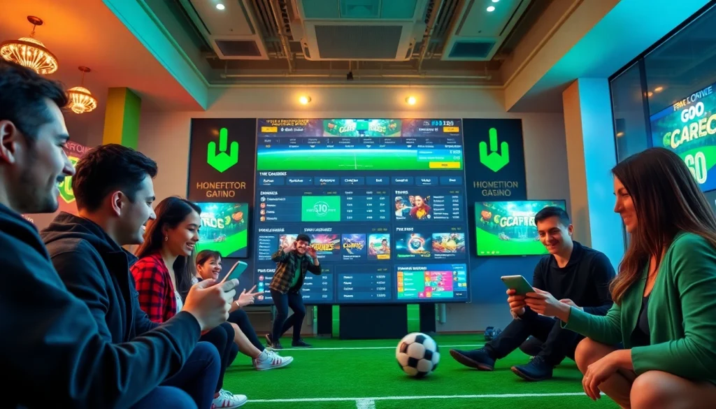 Engaging bolagacor online gambling scene with players and digital interfaces.