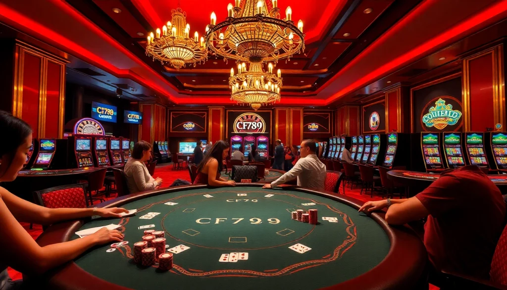 CF789 features an exciting casino scene with poker tables and lively players.