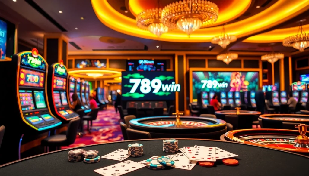 Experience the thrill of winning at 789win's vibrant casino scene with poker tables and slot machines.
