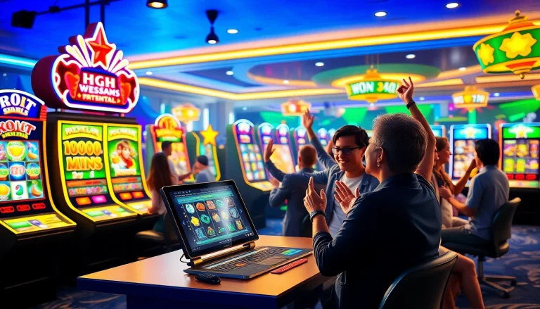 Kode4d link showcasing vibrant online gaming experiences with slot machines and excited players.