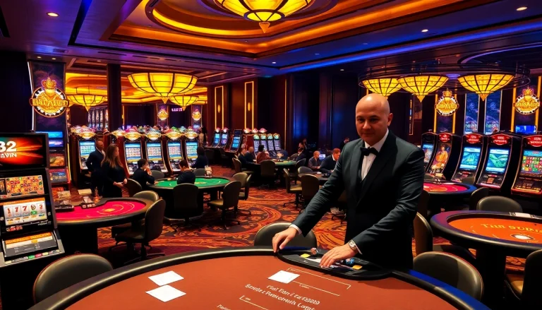 Players enjoying a thrilling game experience at Nhà Cái 32WIN casino with vibrant tables and slot machines.