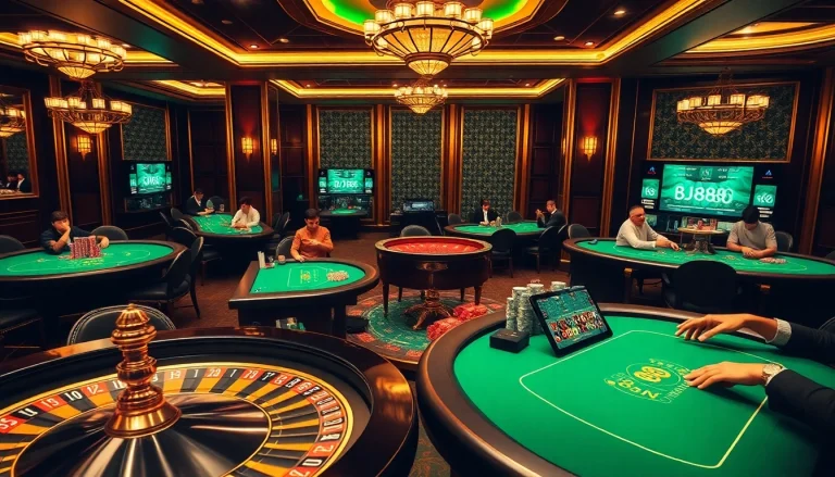 Engage in thrilling games at Nhà Cái BJ888 with casino tables, vibrant poker chips, and a roulette wheel.