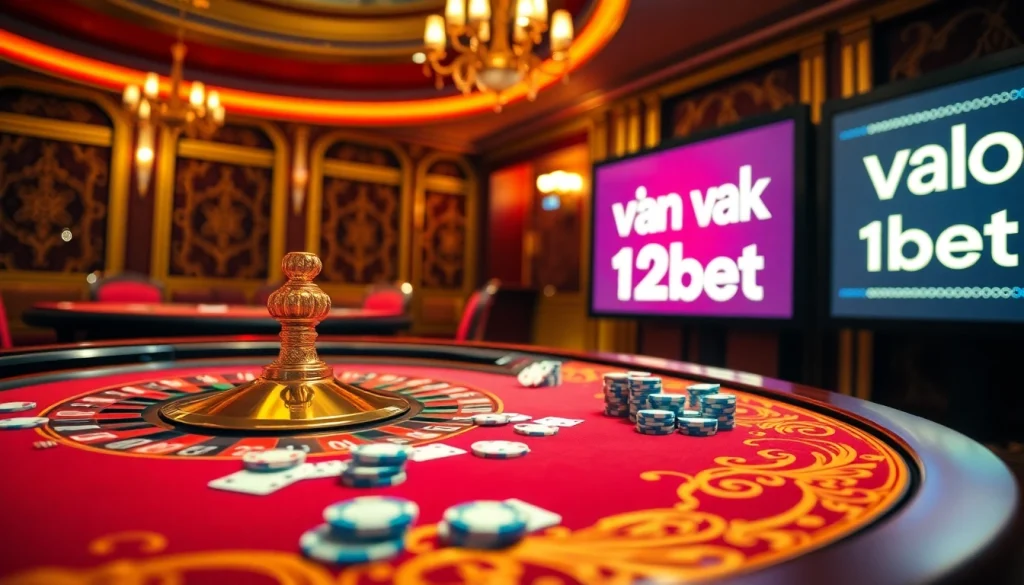 Experience the thrill of online gambling at 12bet with our exciting casino scene featuring poker chips and a roulette wheel.