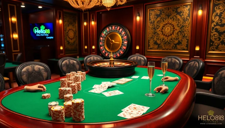 Hello88 poker table scene showcasing high-stakes gameplay with elegant cards and chips.
