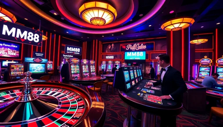 MM88 players enjoy vibrant roulette wheels and slot machines in a luxurious casino setting.
