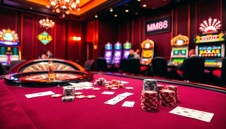 Gamblers enjoying the MM88 HOW platform with vibrant poker chips and roulette excitement.