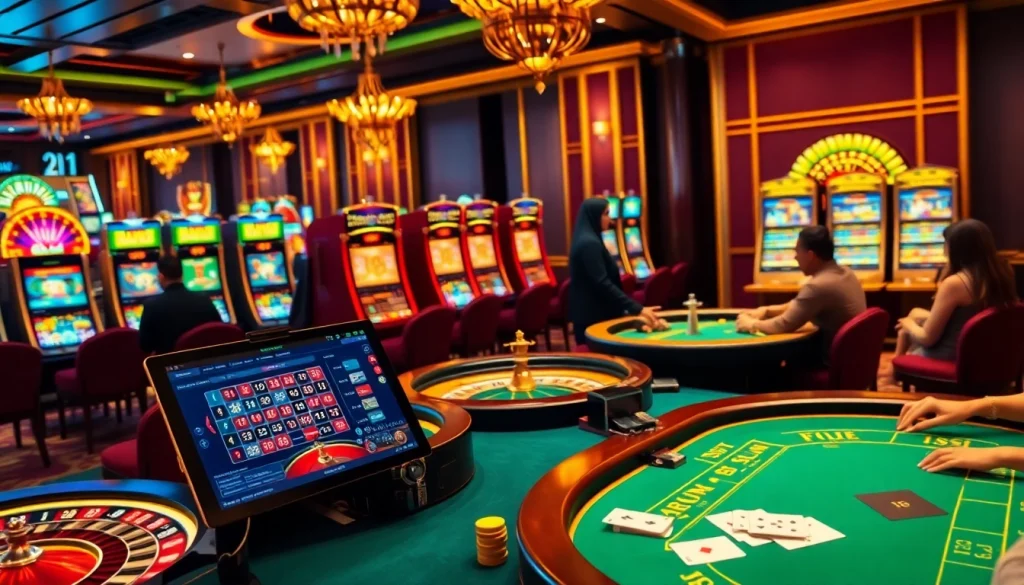 Experience the excitement of online gambling at Hay88 with vibrant casino tables and lively atmosphere.