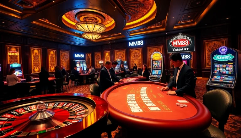 Players enjoying an exciting game at a luxurious MM88 casino, featuring roulette and poker.