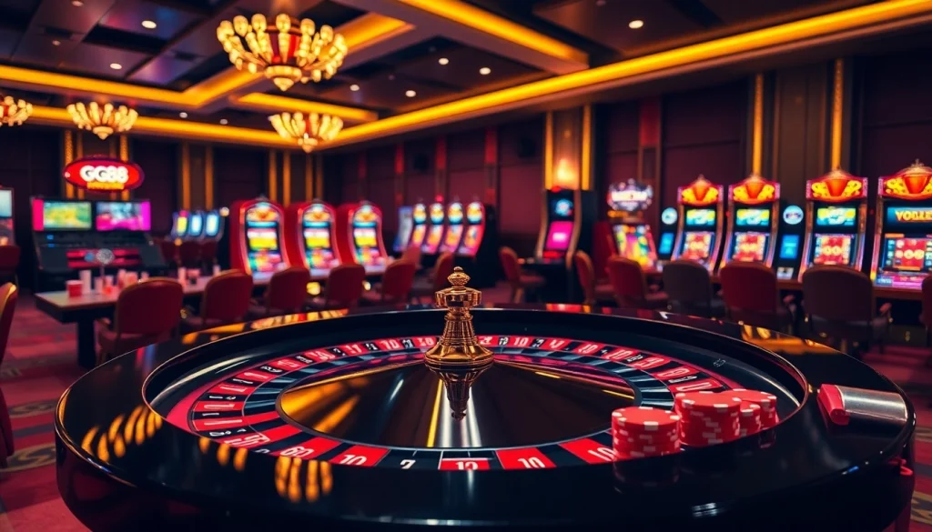 Experience thrilling gambling action at GG88 with vibrant casino tables and poker chips.