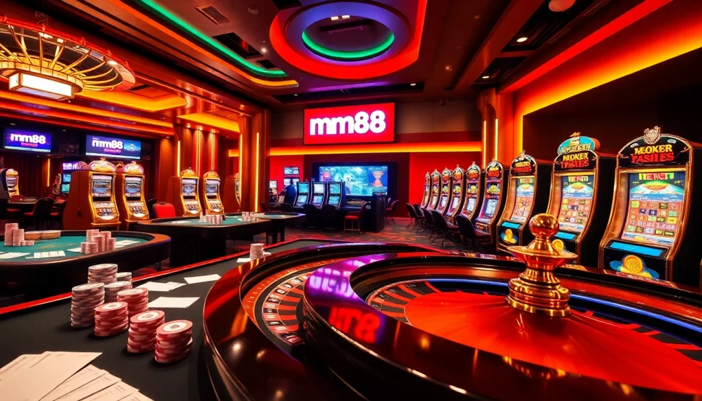 Experience online gambling excitement at https://mm88.vegas/ with vibrant casino tables and glowing slot machines.