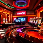 Experience online gambling excitement at https://mm88.vegas/ with vibrant casino tables and glowing slot machines.
