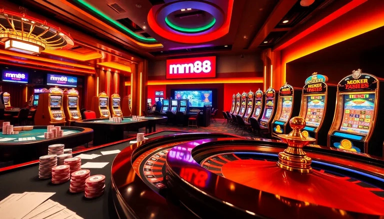 Experience online gambling excitement at https://mm88.vegas/ with vibrant casino tables and glowing slot machines.