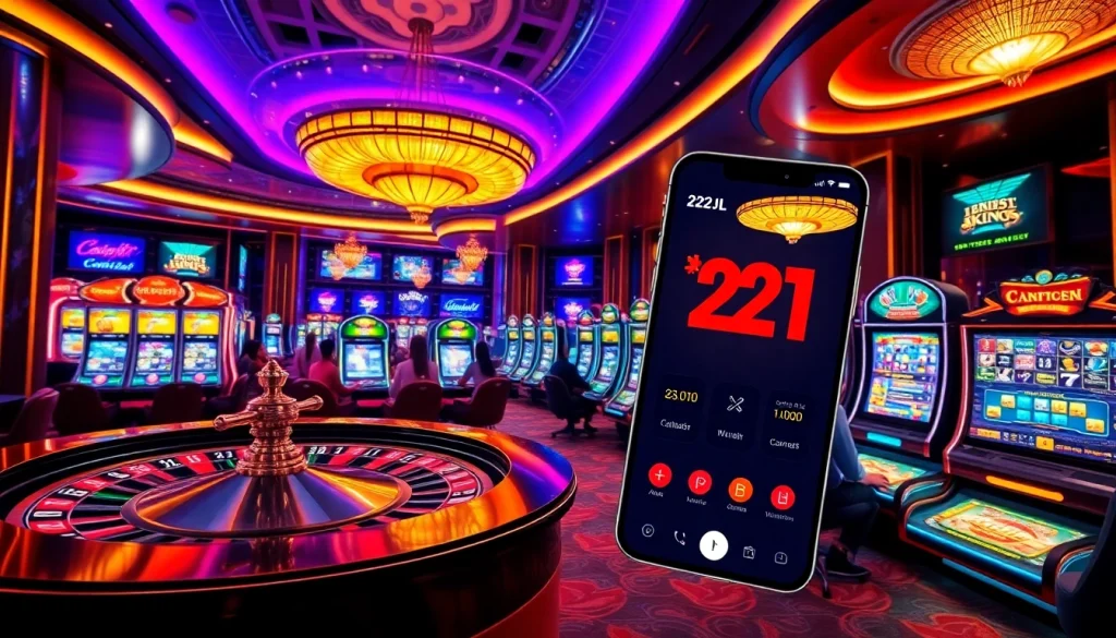 Experience thrilling gameplay with the 22JL app featuring vibrant slot machines and poker chips.